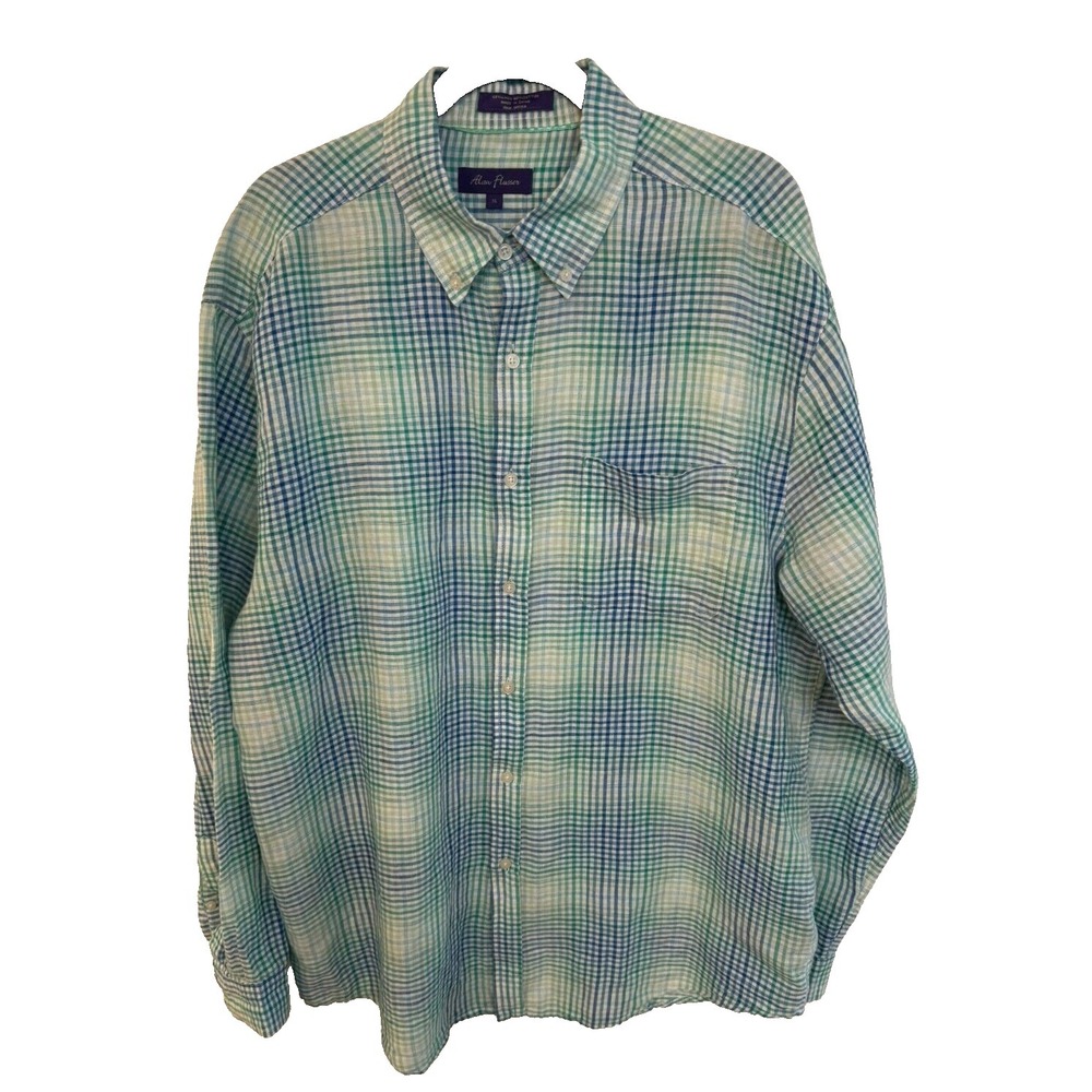 Alan Flusser Size XL Linen Blend Blue Green Plaid Long Sleeve Button Down Shirt